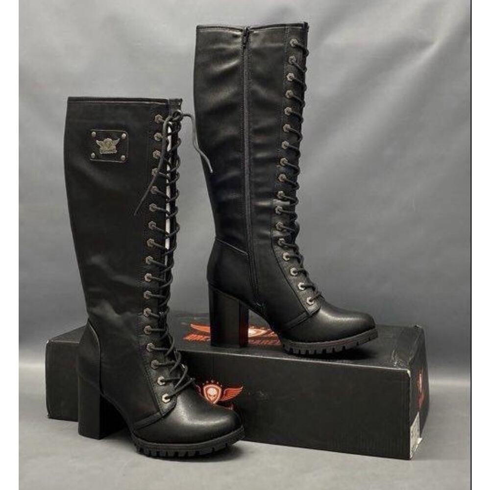 Dream Apparel Women's 9 Motorcycle Riding Boots Round lace Up Biker Boots Heels